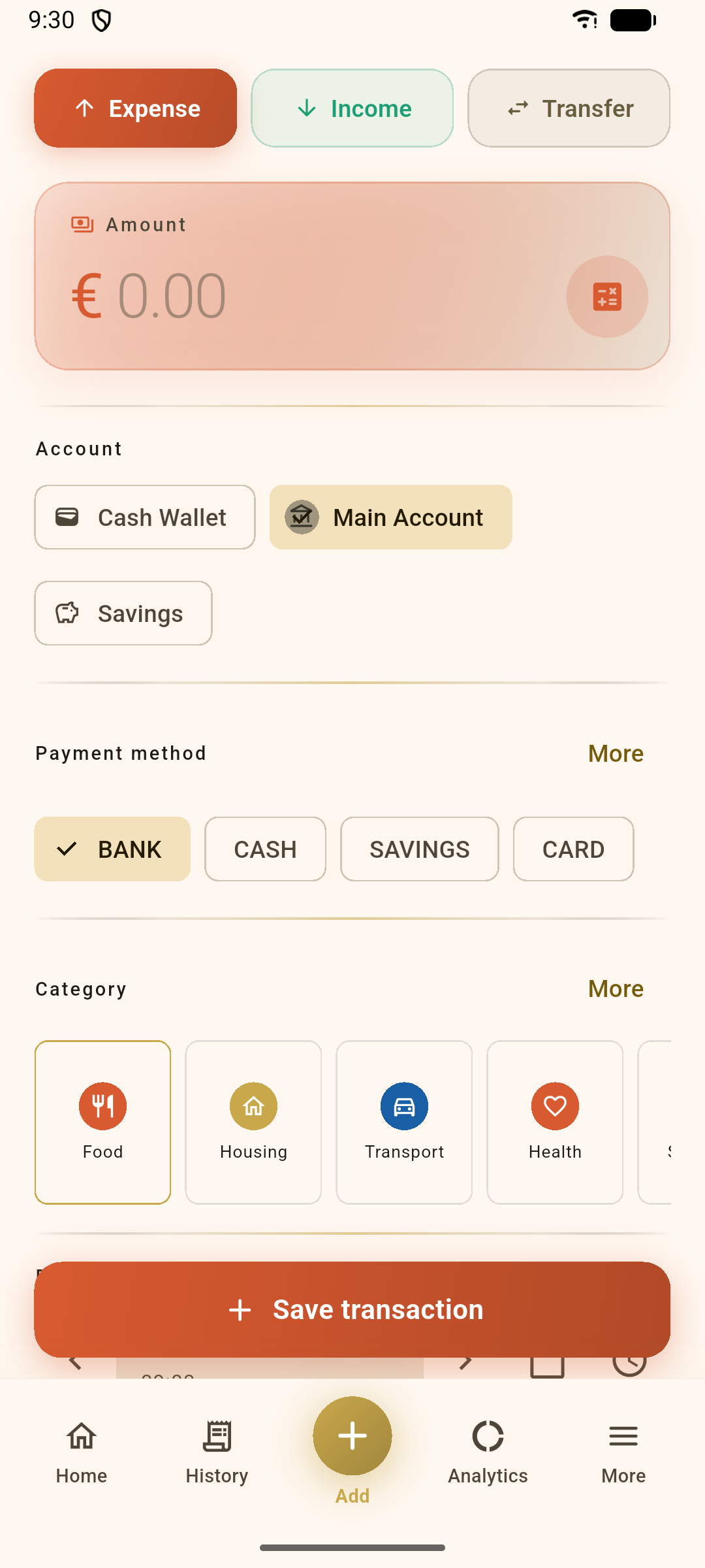 Add transaction screen